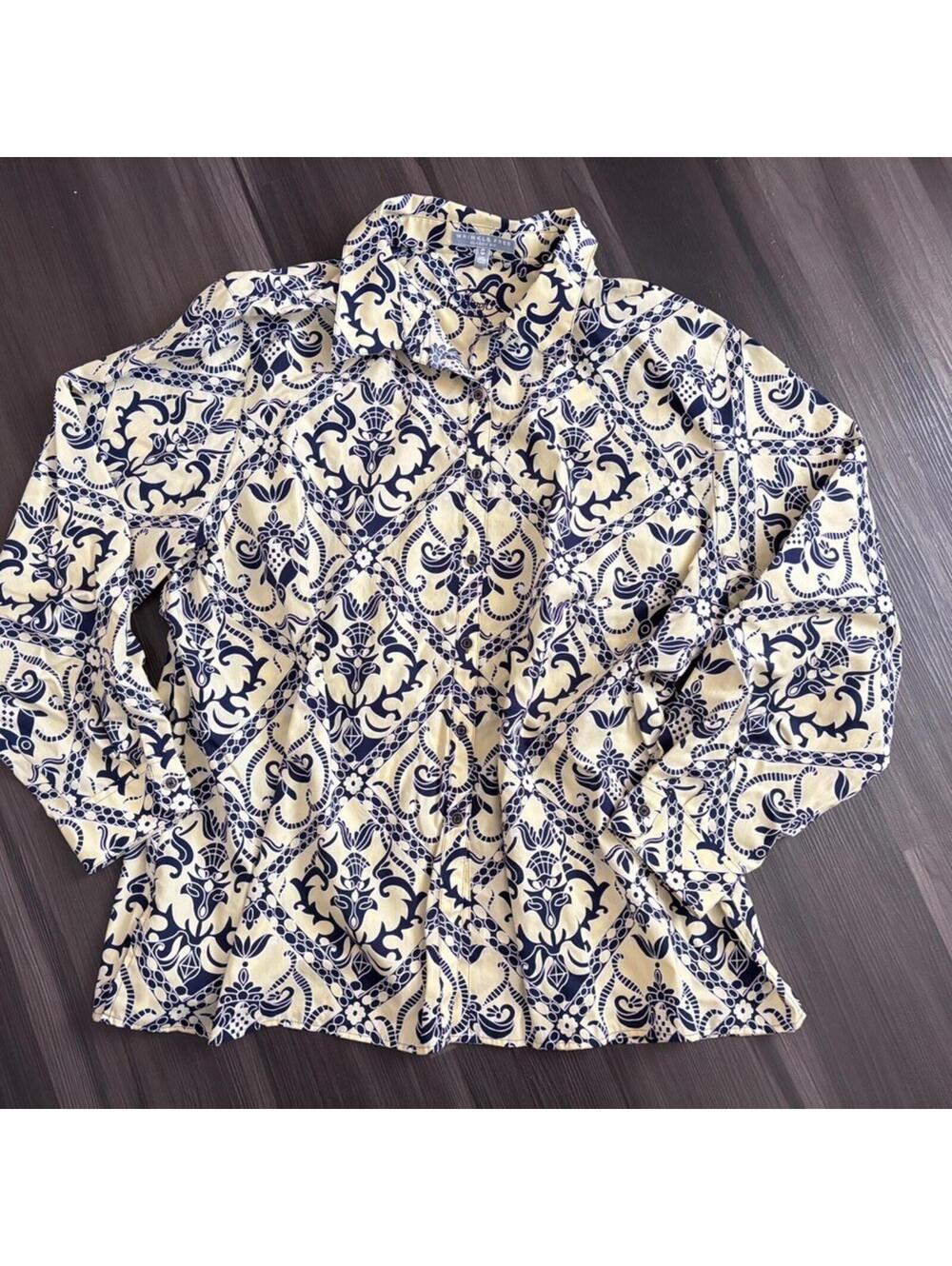 Foxcroft Button Up Blouse Women's Plus Size 22W Yellow Blue Arabesque Print